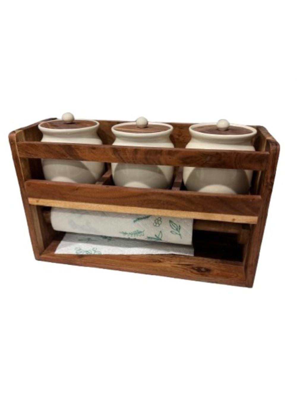 Wood Spice Rack with 3 Ceramic Canisters & Paper Towel Holder